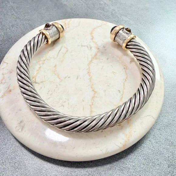 Vintage Two Tone Sliver/Gold Twisted Cable Bangle Cuff Bracelet With Cabochons - Picture 5 of 6